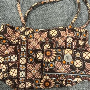 Vera Bradley Brown and Cream Floral Tote Set with matching wallet